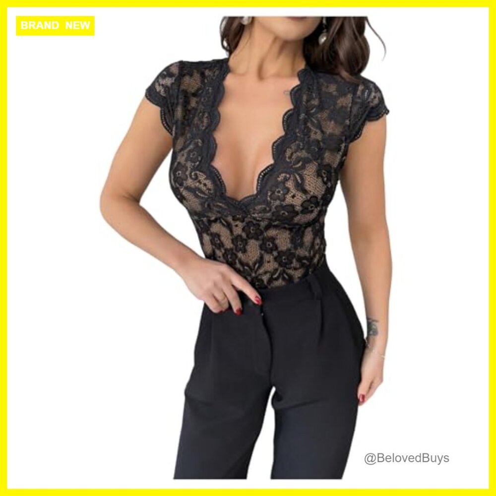 Sexy Floral Lace Trim Bodysuit Backless Deep V Neck Lingerie Jumpsuit Romper - Picture 5 of 7